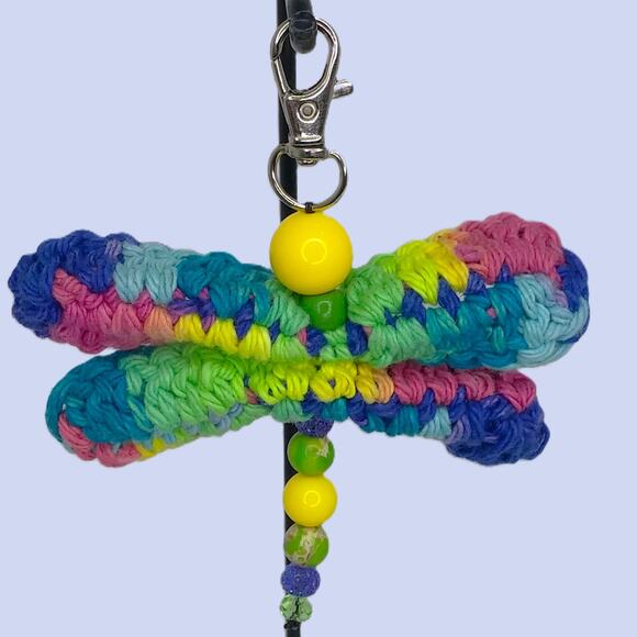 Colorful Crochet Handmade Dragonfly Keychain Beaded Bag Charm Upcycled Mini - Picture 2 of 10